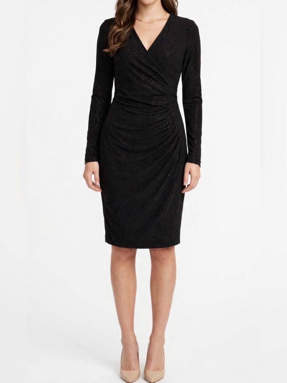 Calvin Klein Size 8 Black Glitter Long Sleeve Ruched Faux-Wrap Cocktail Dress